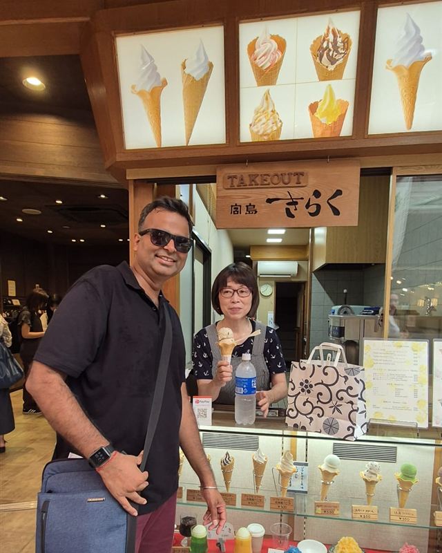 Varun at an ice cream shop, Miyajima