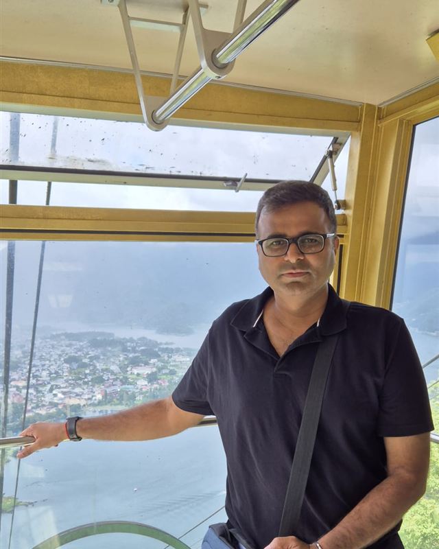 Varun inside a cable car overlooking Lake Kawaguchi