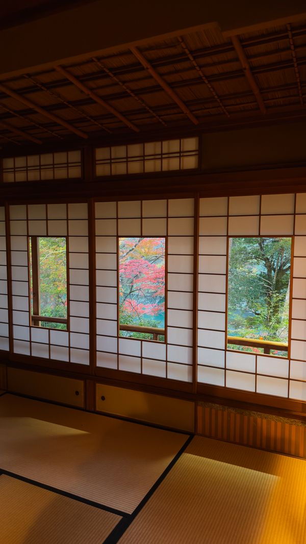 Ryokan room with shoji windows overlooking autumn foliage